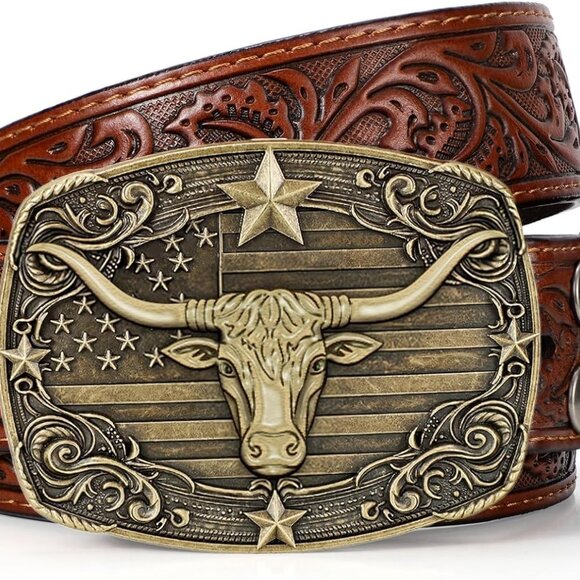 Western Cowboy Belts for Men Women Mens Western Belt Bull Buckle Country Belt C